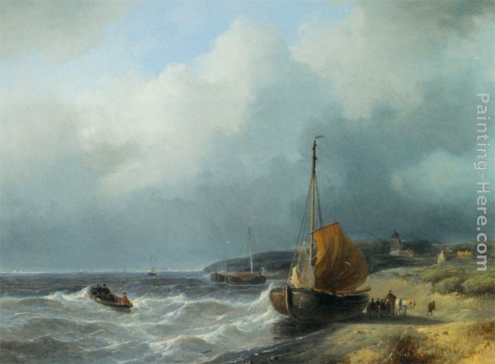 Fisherfolk by a Beached Bomschuit painting - Andreas Schelfhout Fisherfolk by a Beached Bomschuit art painting